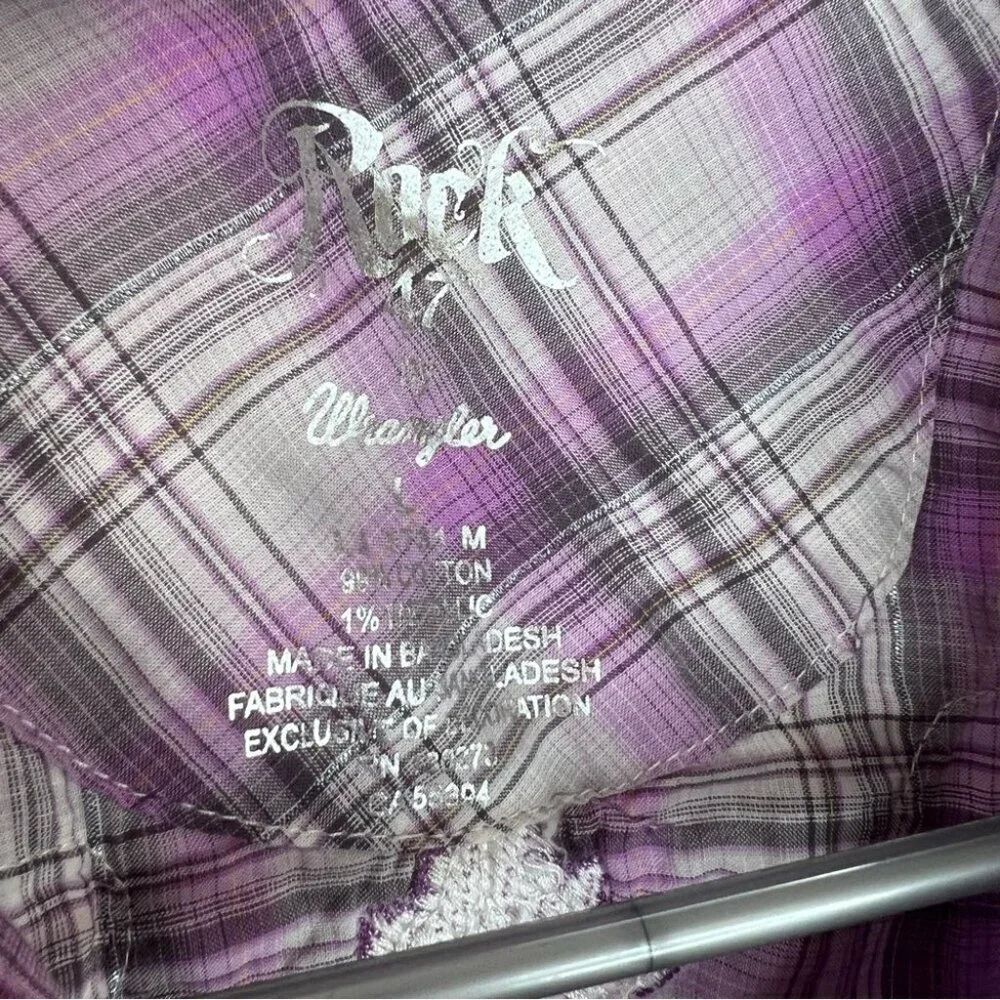 Rock 47 by Wrangler button down embroidery cross back Purple Plaid Casual Shirt
